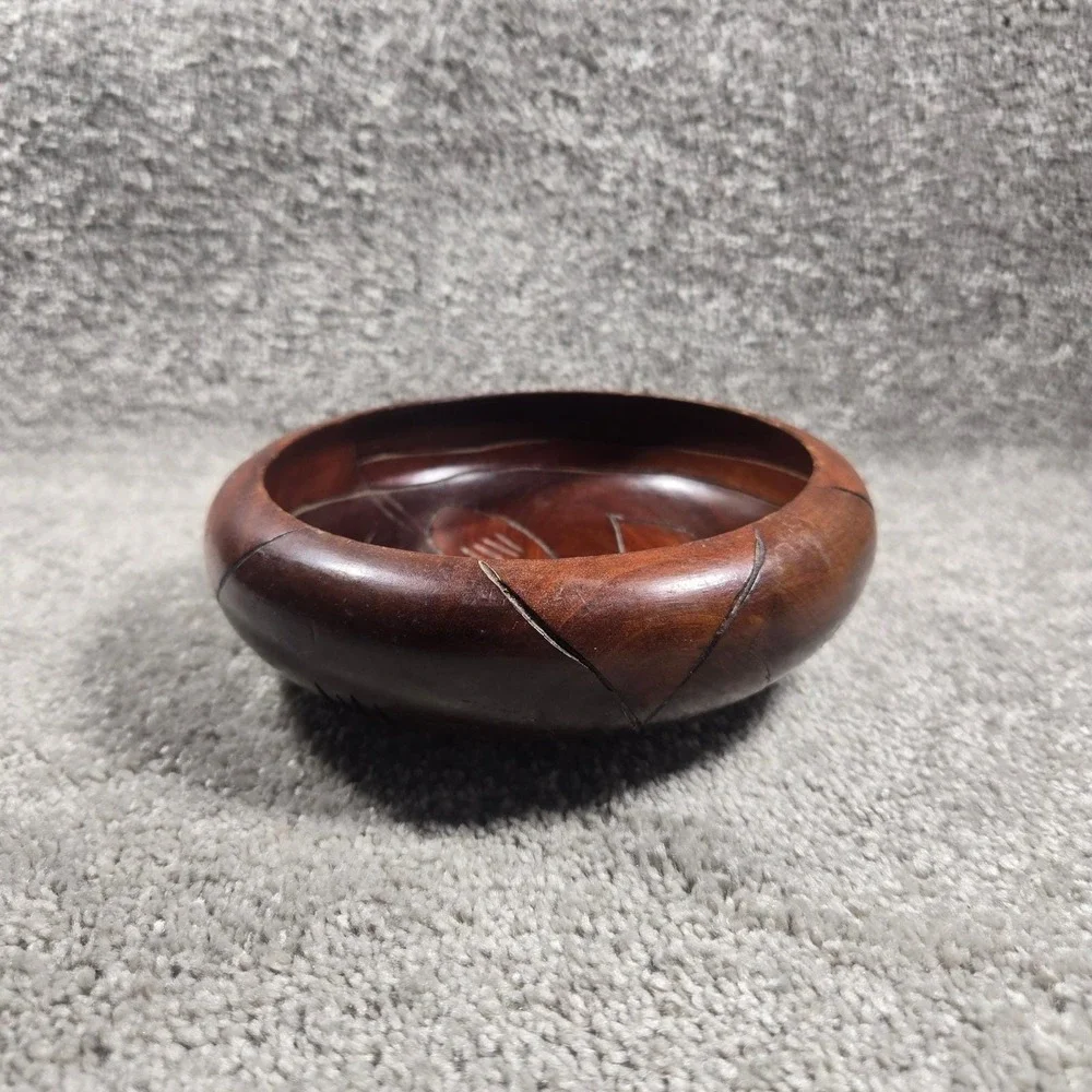 Hand‎ Carved Wood Bowl Brown Bird Etched Folk Art Small